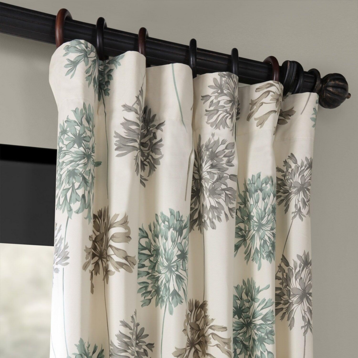 Half Price Drapes Allium Blue Grey Floral Printed Cotton Room Darkening Curtain