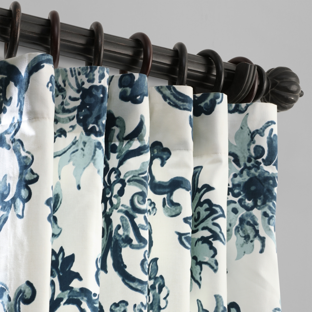 Half Price Drapes Indonesian Blue Floral Printed Cotton Room Darkening Curtain