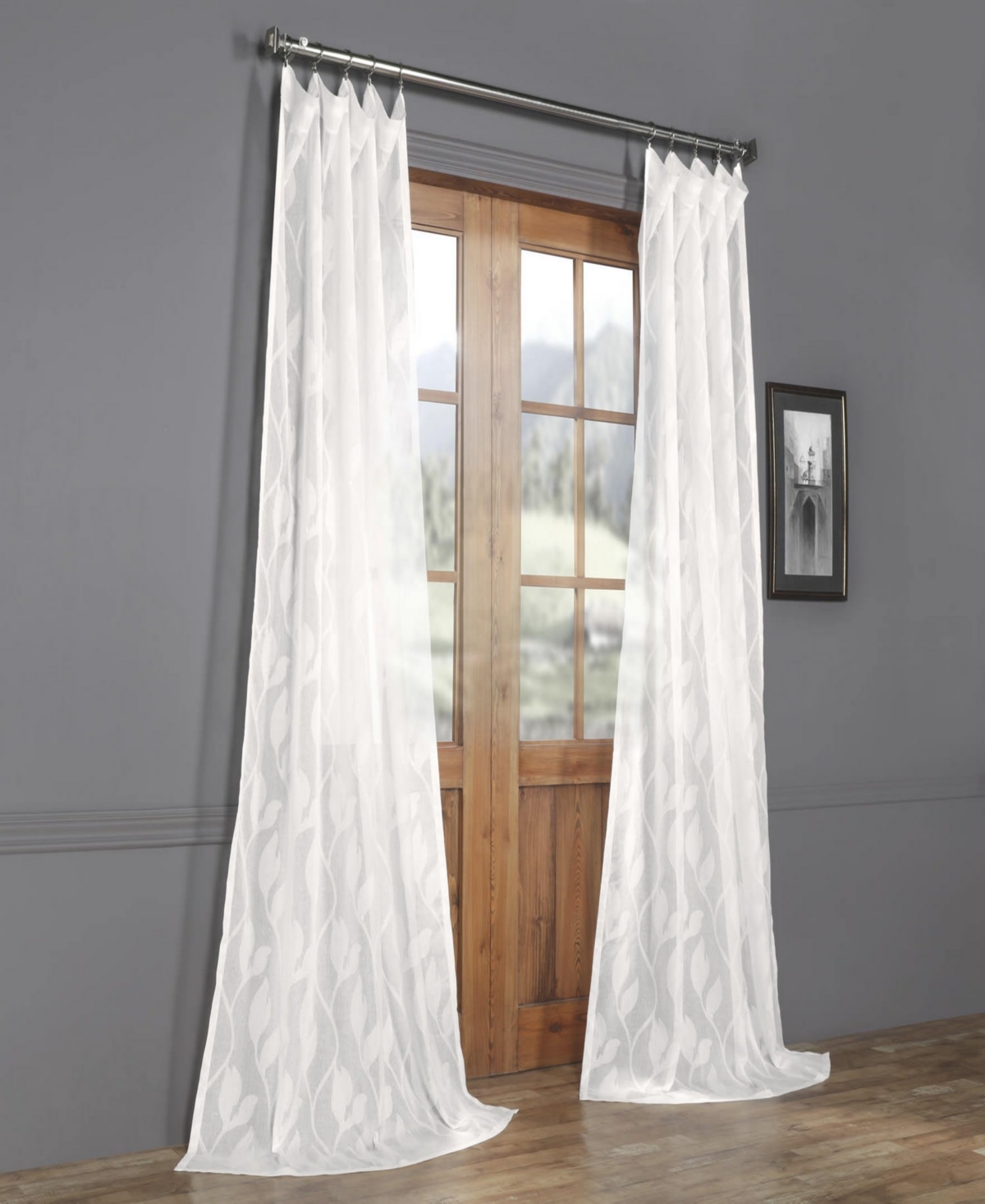 HALF PRICE DRAPES AVIGNON VINE FLORAL PATTERNED FAUX LINEN SHEER CURTAIN 