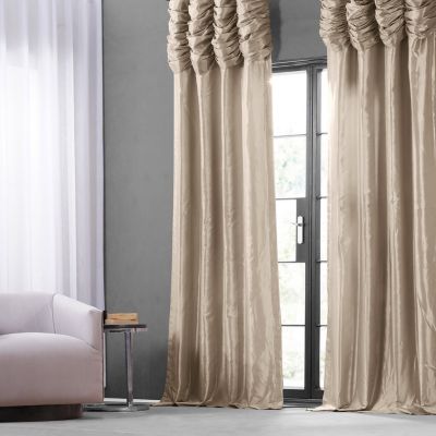 Antique Beige Ruched Solid Faux Silk Taffeta Room Darkening Curtain