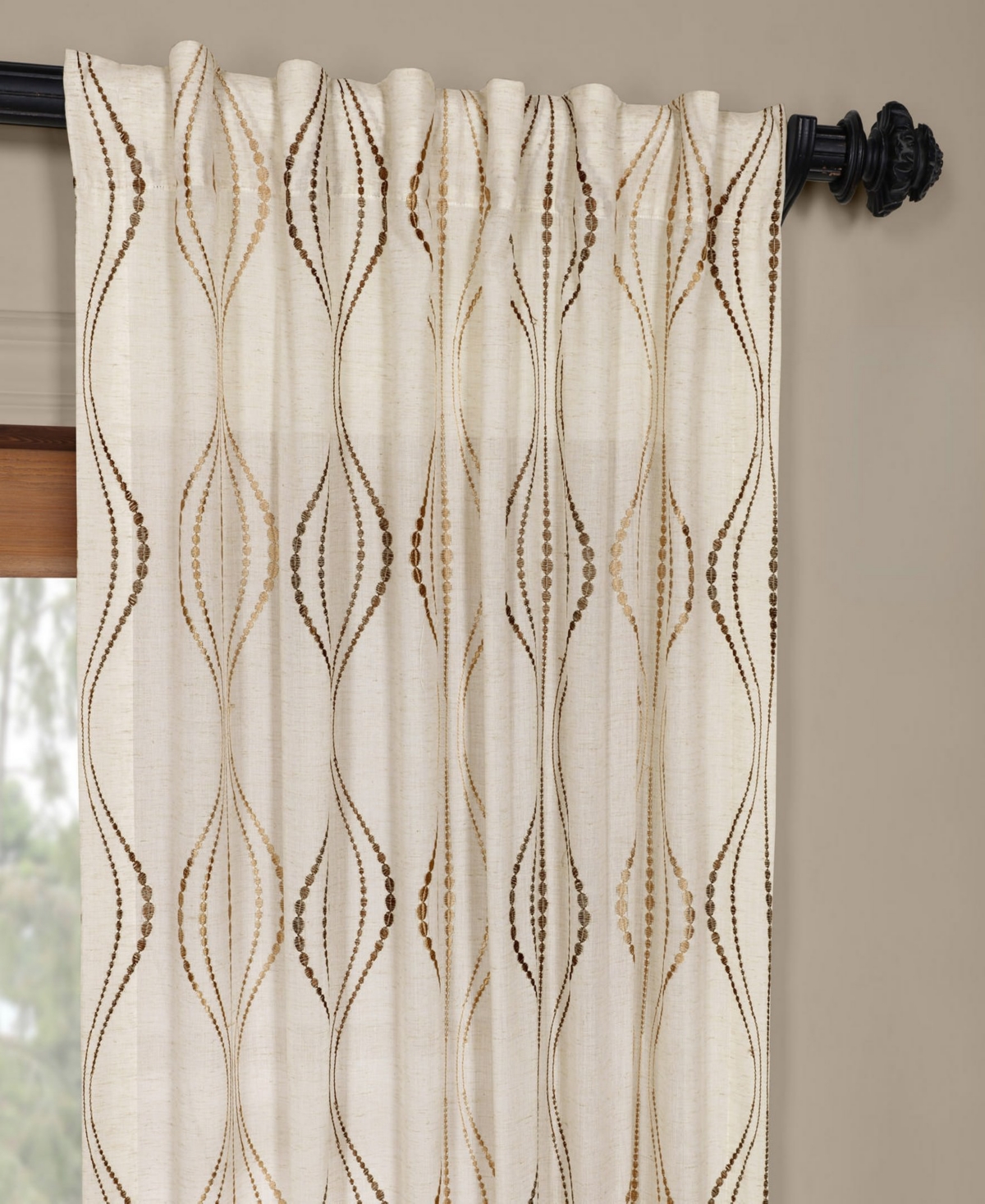 Half Price Drapes Suez Bronze Embroidered Striped Patterned Faux Linen Sheer Curtain In Beige,tan