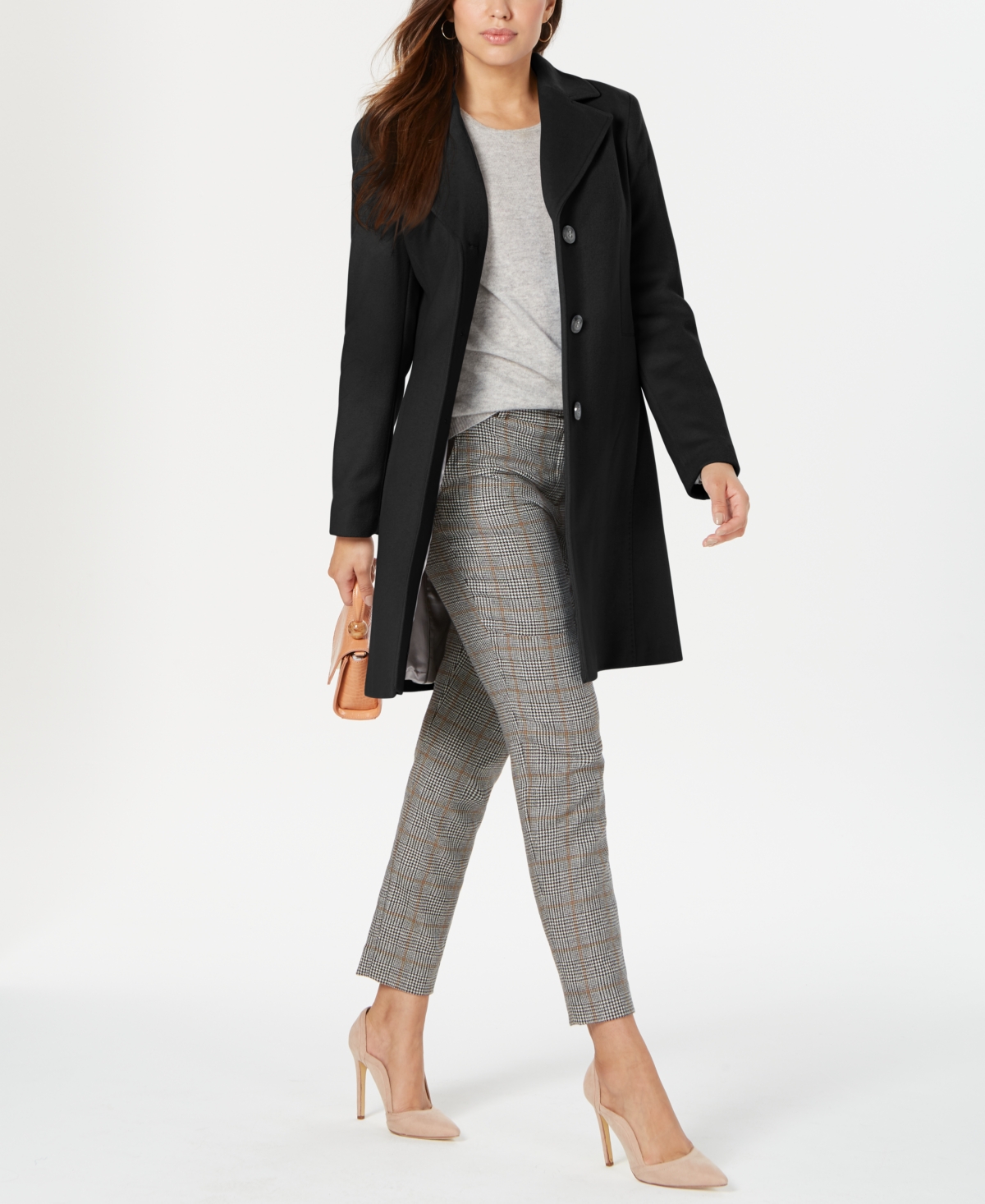 Womens Single-Breasted Wool Blend Coat - Black