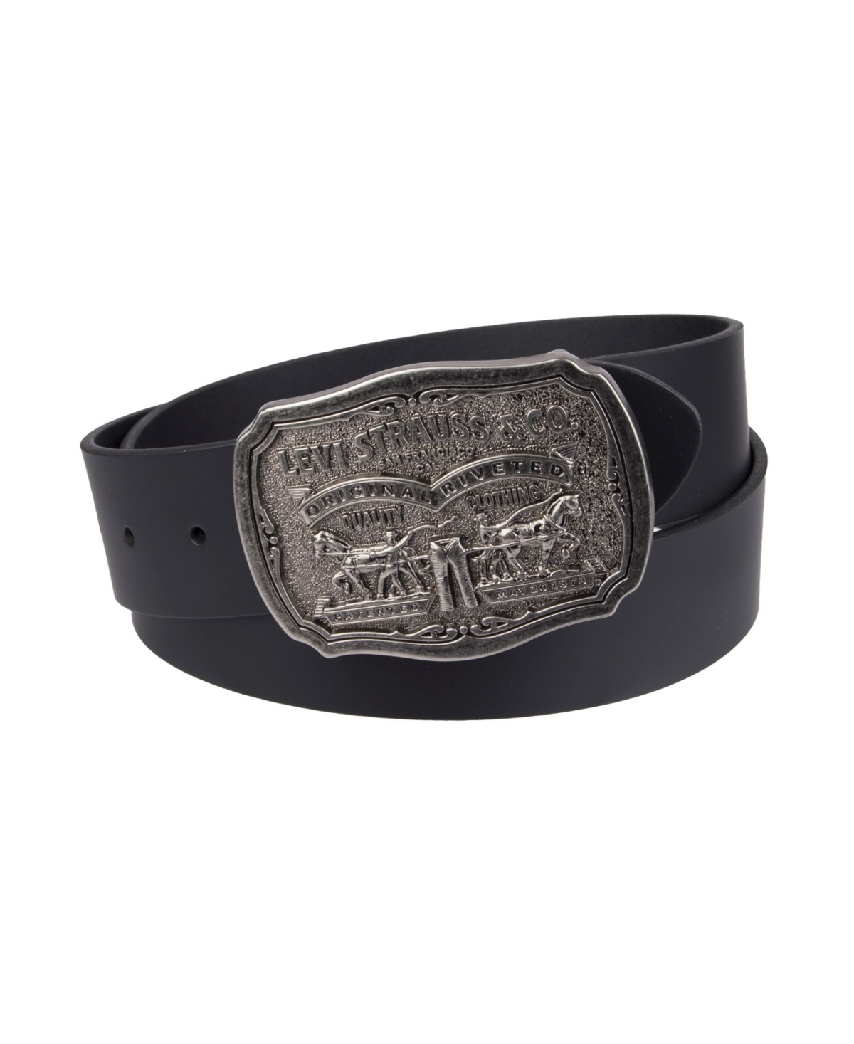 Leather Men's Belt with Plaque Buckle - Black