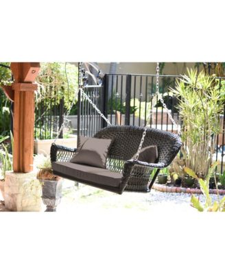 Jeco - Black Resin Wicker Porch Swing with Brown Cushion