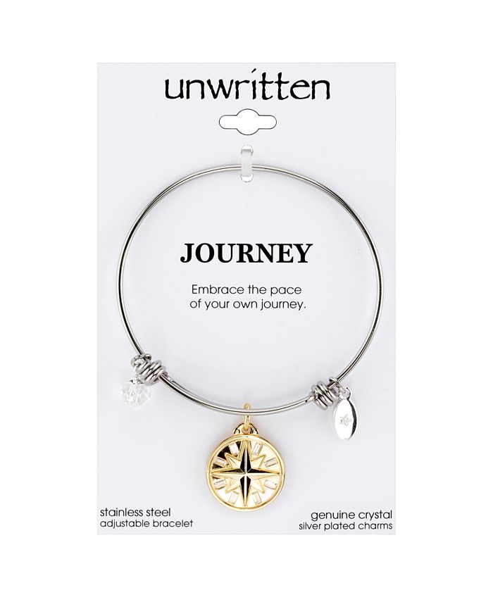 Unwritten Clear Crystal Compass Rose Charm Bangle Bracelet in Silver