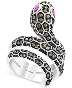 image of Effy Espresso Diamond (3/4 ct. t.w.) & Ruby (1/5 ct. t.w.) Snake Statement Ring in 14k White Gold