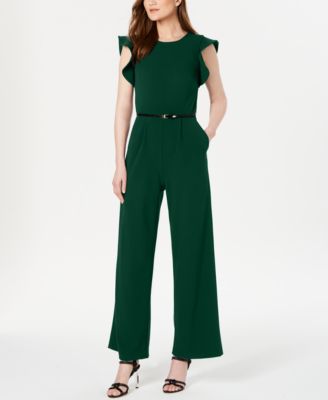 calvin klein ruffle sleeve belted jumpsuit