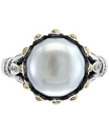 EFFY Collection - Cultured Freshwater Pearl (11mm) & Diiamond (1/10 ct. t.w.) Statement Ring in Sterling Silver & 18k Gold-Plate