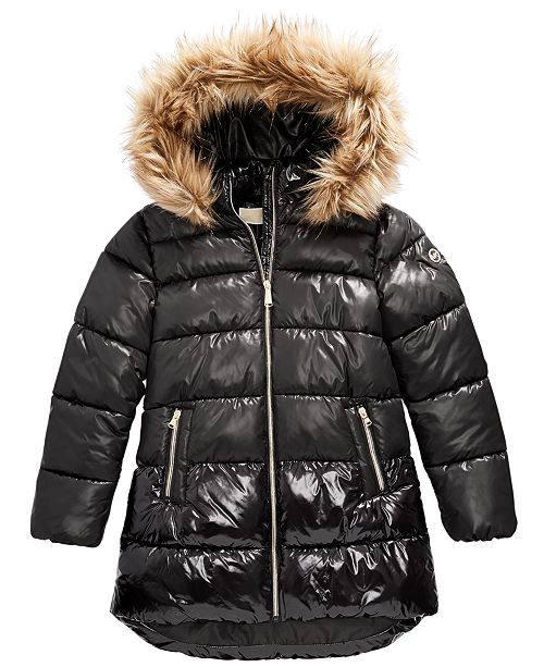 Michael Kors Little Girls FauxFurTrim Shiny Hooded Puffer Jacket