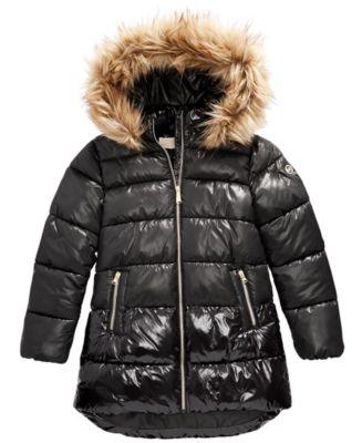 Michael Kors Little Girls Faux-Fur-Trim Shiny Hooded Puffer Jacket - Macy's