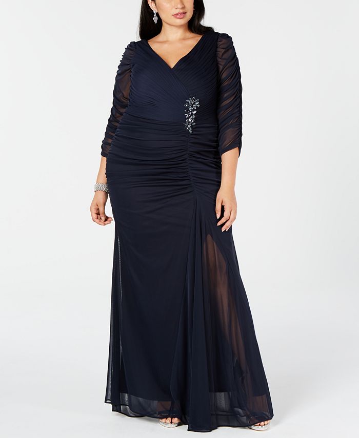 Adrianna Papell Plus Size Three-Quarter-Sleeve Ruched Gown - Macy's