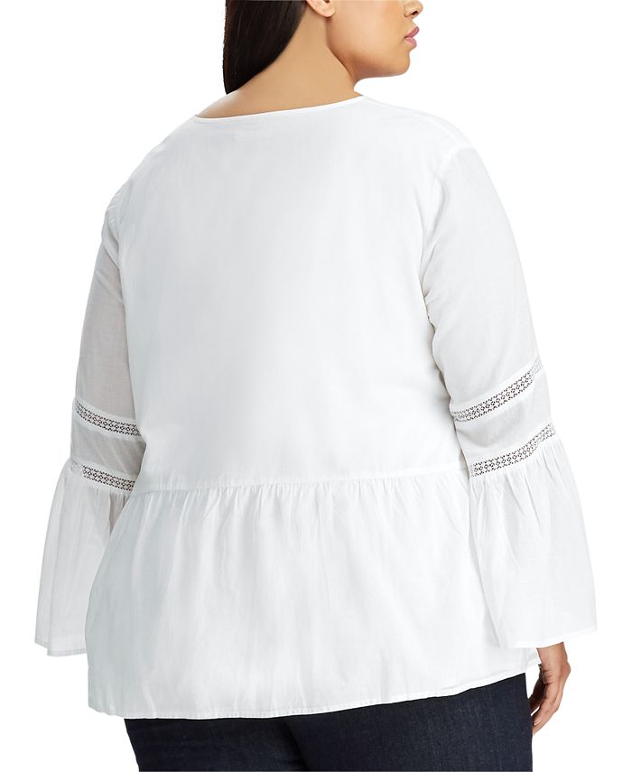 Lauren Ralph Lauren Plus Size Floral-Embroidery Cotton Peasant Top - Macy's