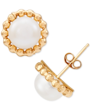 image of Cultured Freshwater Pearl (7-3/4mm) Beaded Frame Stud Earrings in 10k Gold