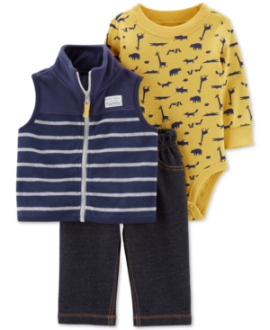 Carter's Baby Boys 3-Pc. Striped Vest, Animal-Print Bodysuit & Jeans Set