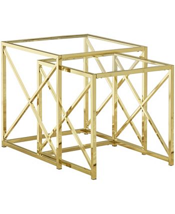 Monarch Specialties - Nesting Table - 2pcs Set Gold Metal With Tempered Glass