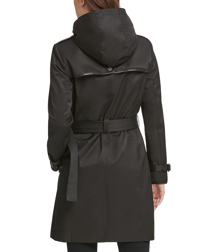 DKNY Belted Faux-Leather-Trim Hooded Trench Coat - Macy's