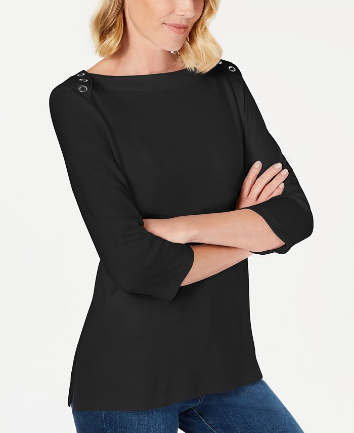 Karen Scott Womens Studded 3 4 Sleeve Top Black Size X Small
