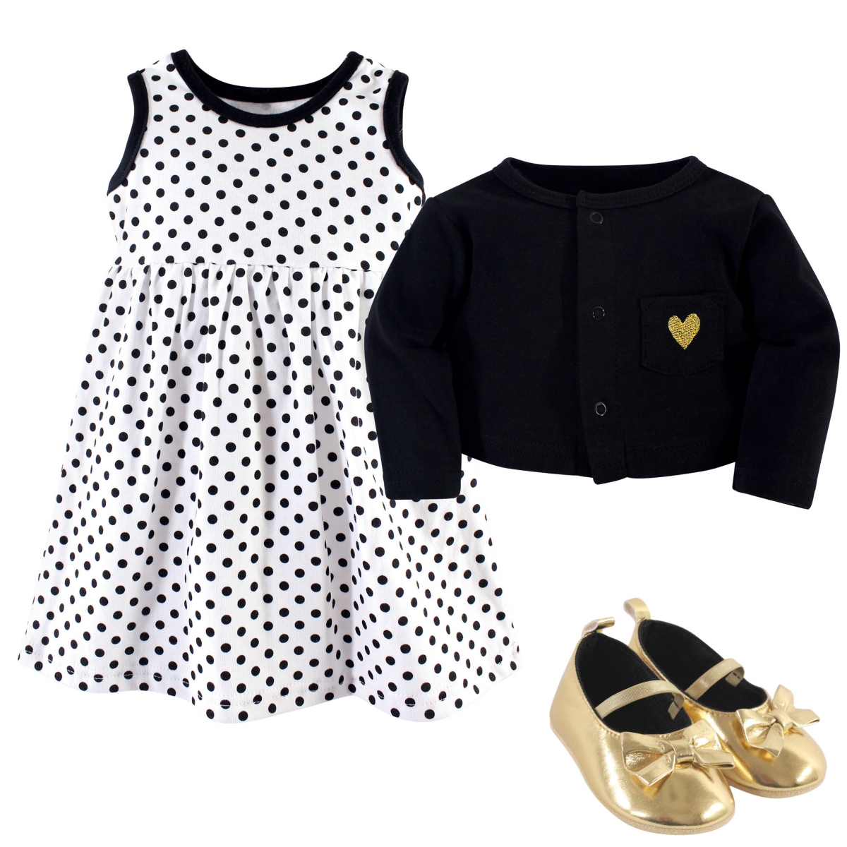 Hudson Baby Baby Girls Cotton Dress, Cardigan and Shoe 3pc Set,Dot - Black