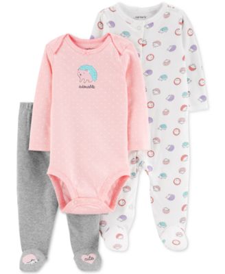 Carter's - Baby Girls 3-Pc. Cotton Hedgehog Bodysuit, Footed Coverall & Footed Pants Set