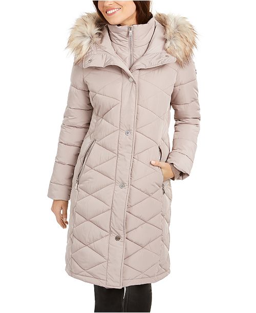 Calvin Klein Diamond Quilt Faux Fur Trim Hooded Puffer Coat