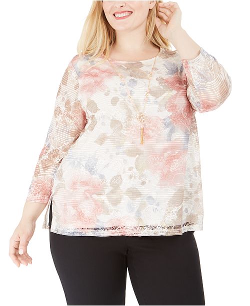 Alfred Dunner Plus Size Boardroom Floral Print Necklace Top