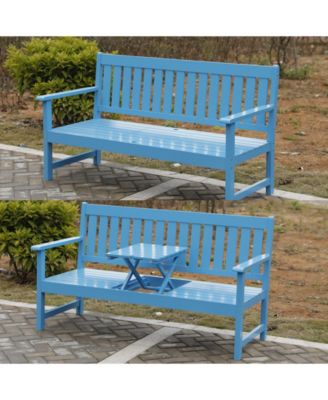 Gardenised Wooden Patio Garden Park Outdoor Yard Bench With Middle Pop-up Foldable Table