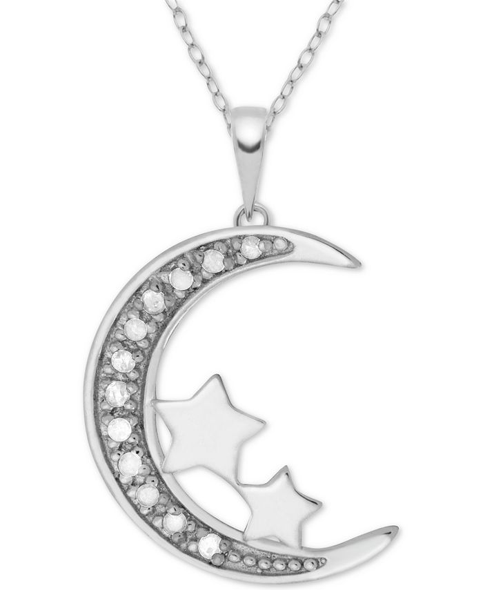Macy's - Diamond (1/10 ct. t.w.) Moon & Stars 18" Pendant Necklace in Sterling Silver