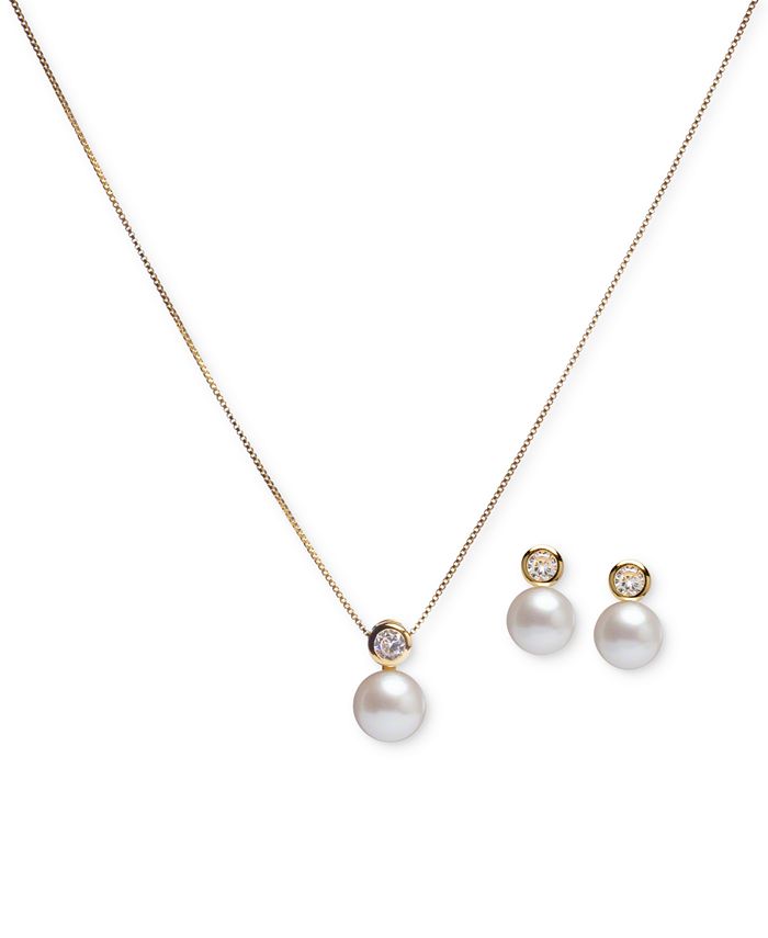 Macy's - 2-Pc. Set Cultured Freshwater Pearl (8mm) & Cubic Zirconia 18" Pendant Necklace and Stud Earrings Set in 18k Gold-Plated Sterling