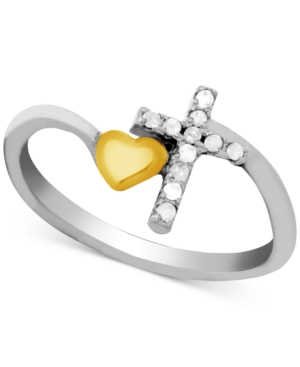 image of Diamond (1/10 ct. t.w.) Cross & Heart Ring in Two-Tone Sterling Silver