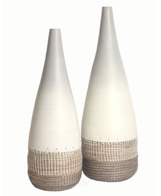 Spun Bamboo and Coiled Seagrass Patterned Vase, Set of 2