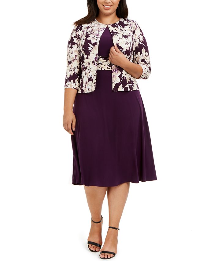 Jessica Howard Plus Size Ruched-Waist Dress & Floral-Print Jacket - Macy's