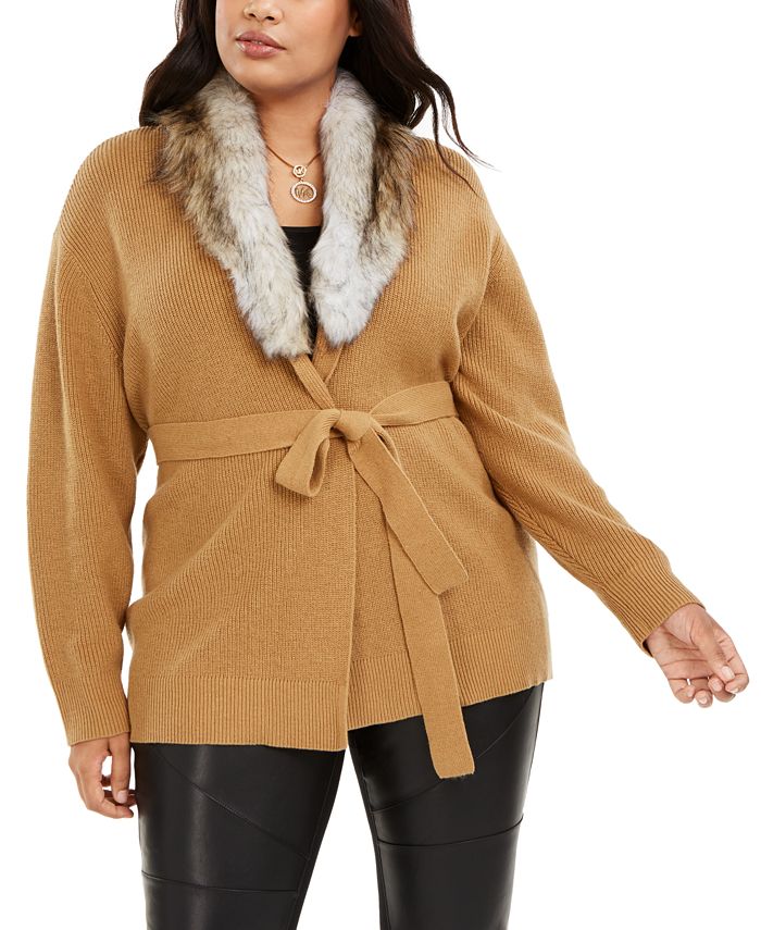 Michael Plus Size Faux-Fur-Collar Cardigan Sweater - Macy's