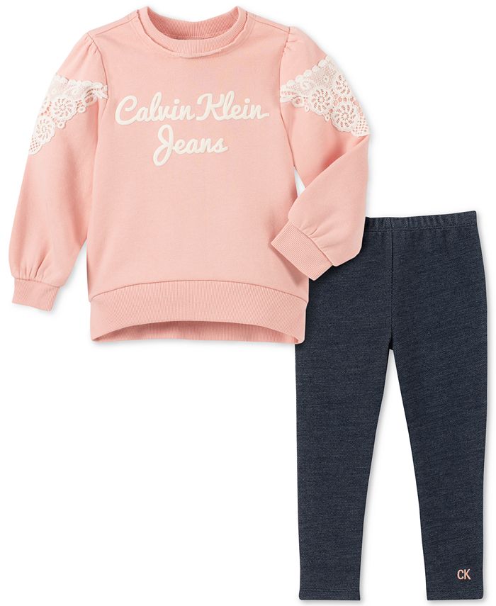 Calvin Klein Little Girls Lace-Trim Sweatshirt & Leggings Set - Macy's