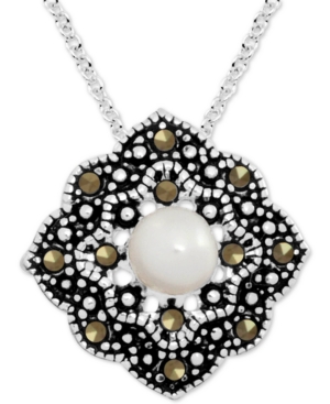 image of Genuine Swarovski Marcasite & Freshwater Pearl (8mm) Open Diamond-Shape 18