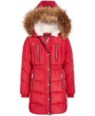 ladies red puffer jacket with fur hood