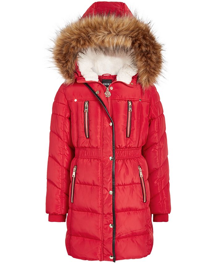 DKNY Big Girls Hooded Puffer Jacket With Faux-Fur Trim - Macy's