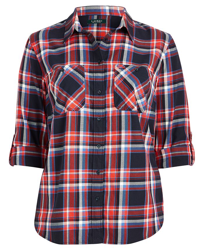 Lauren Ralph Lauren Plus Size Plaid-Print Cotton Twill Roll-Tab Shirt ...