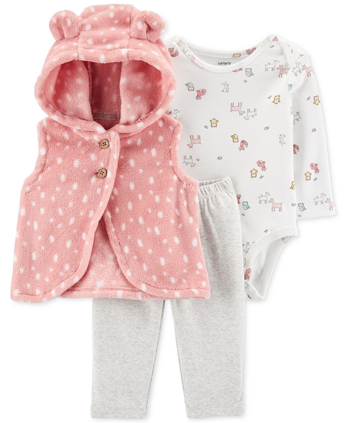 Carter's Baby Girls 3-Pc. Velboa Vest, Animal-Print Bodysuit & Leggings ...