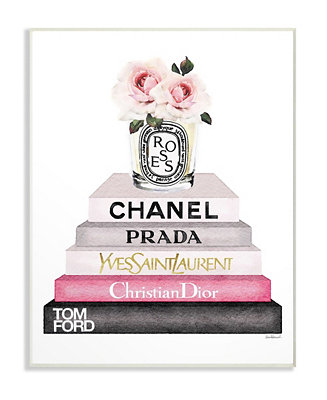 Stupell Industries Book Stack Fashion Candle Pink Rose Wall Plaque Art ...