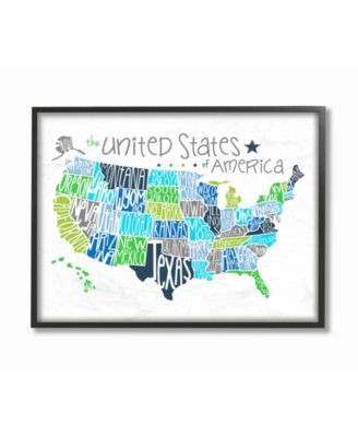 United States Map Colored Typography Framed Giclee Art, 11" x 14"