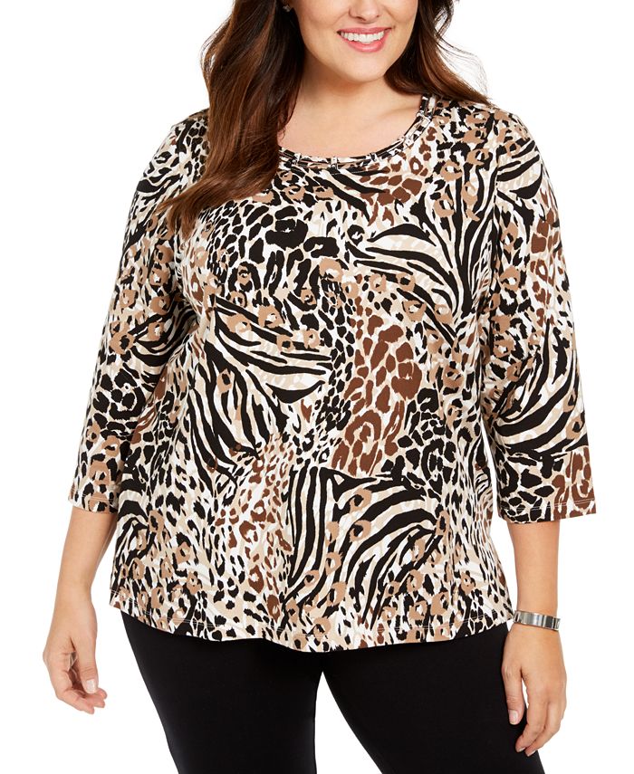 Alfred Dunner Plus Size Classics Mixed Animal-Print Embellished Top ...