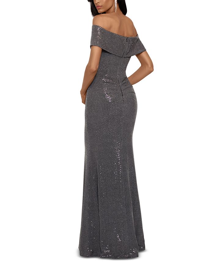 Betsy & Adam Petite Off-The-Shoulder Metallic-Finish Gown - Macy's
