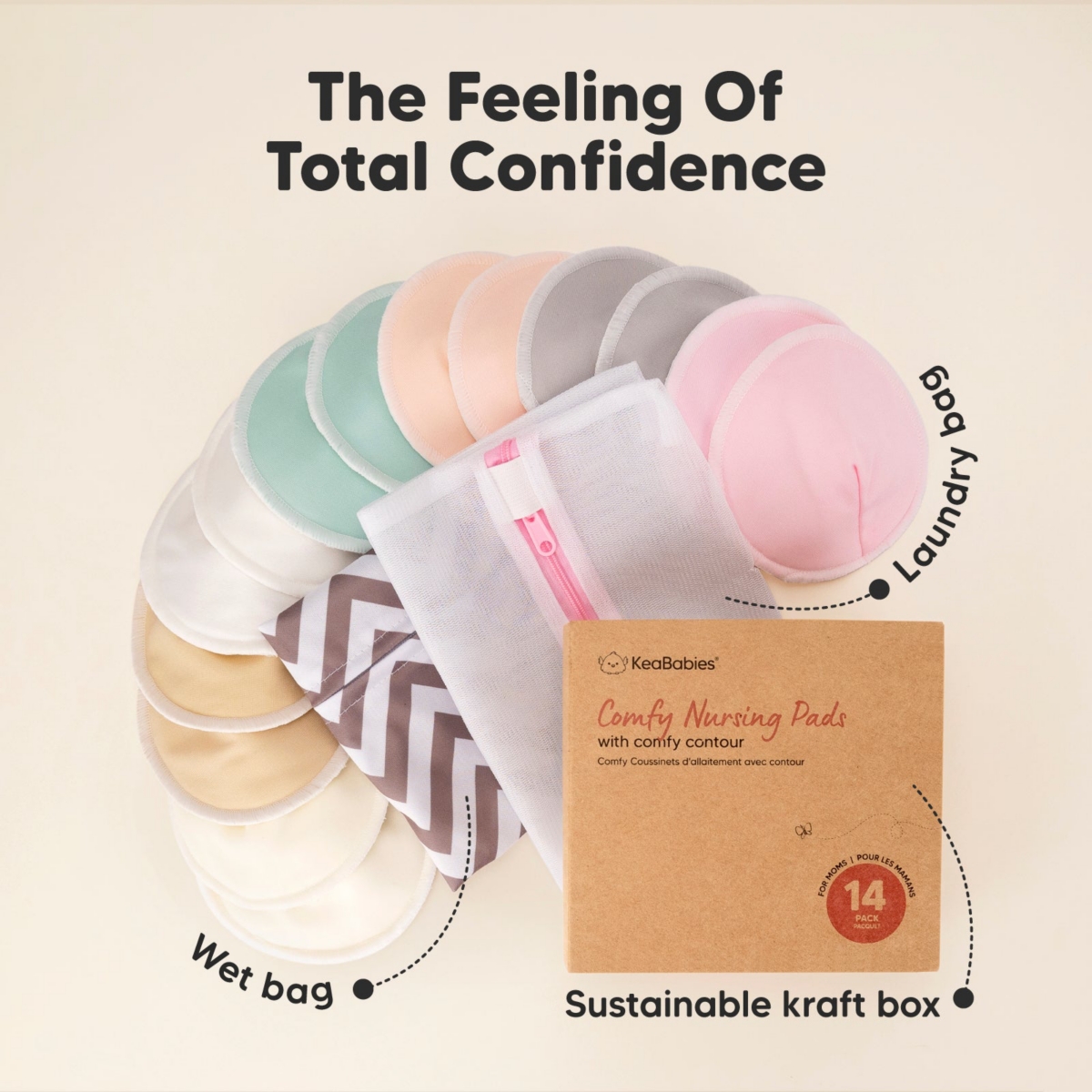 KeaBabies Maternity 14pk Organic Nursing Pads, Washable Breast Pads + Wash Bag, Reusable Nipple Pads