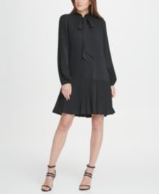 Long Sleeve Tie Neck Pleated Shift Dress 