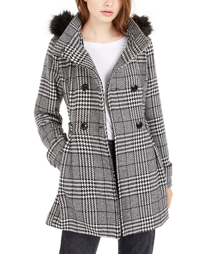 BCX Juniors' Faux-Fur Trim Plaid Coat - Macy's