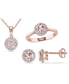 Morganite (2-5/8 ct. t.w.) and Diamond (1/4 ct. t.w.) Halo 3-Piece Necklace, Earrings and Ring Set in 18k Rose Gold Over Silver