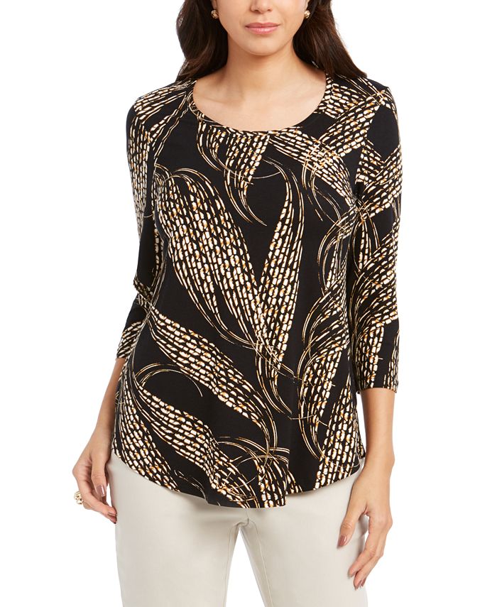JM Collection Petite 3/4-Sleeve Printed Top, Created For Macy's - Macy's
