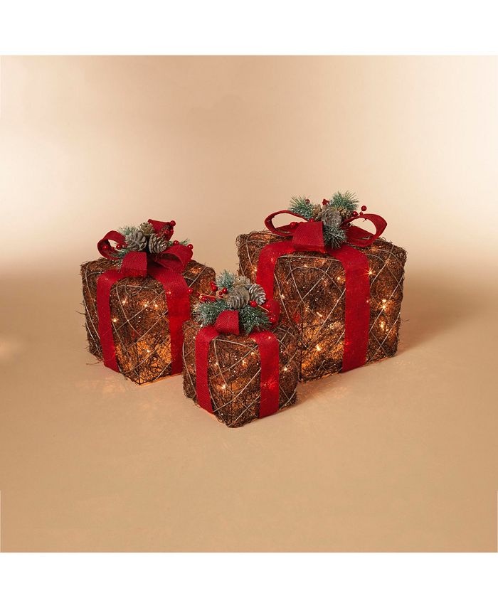 Gerson & Gerson - Assorted Set of 3 Electric Gift Boxes with Natural Vine with a Red Burlap Ribbon Accent
