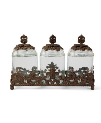The GG Collection - 3-Piece Glass Canister Set With Acanthus Leaf Metal Base