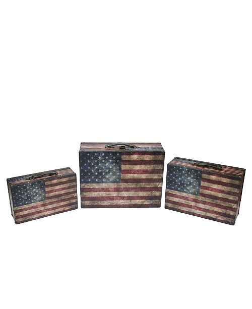 Set Of 3 Rustic American Flag Decorative Wooden Storage Boxes
